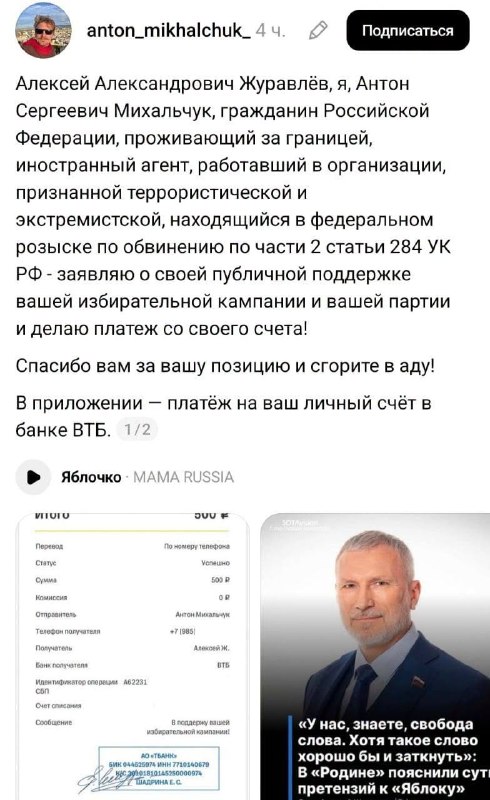 Антон Михальчук перевел 1100 рублей партии «Родина» после снятия «Яблока» с выборов